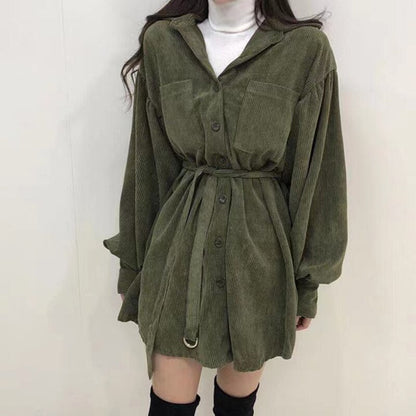 Women Vintage Front Pockets Sashes A-line Dress Lantern Sleeve Turn Down Collar Solid Party Dress 2024 Winter Casual New Dress