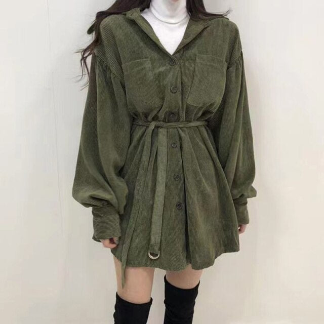 Women Vintage Front Pockets Sashes A-line Dress Lantern Sleeve Turn Down Collar Solid Party Dress 2024 Winter Casual New Dress