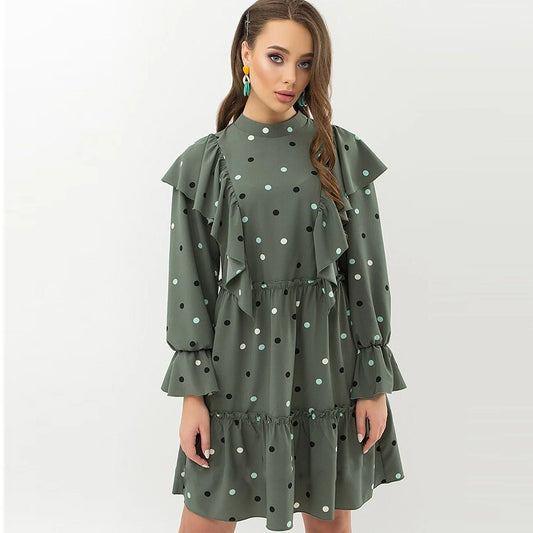 Women Vintage Ruffled Dot Printed A-line Dress Flare Sleeve O neck Green Elegant Casual Party Dress 2024 Winter Fashion Dress