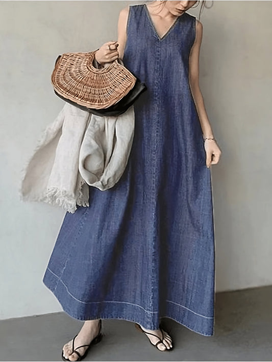 lovevop Literary Denim Tie Back V-Neck Long Dress